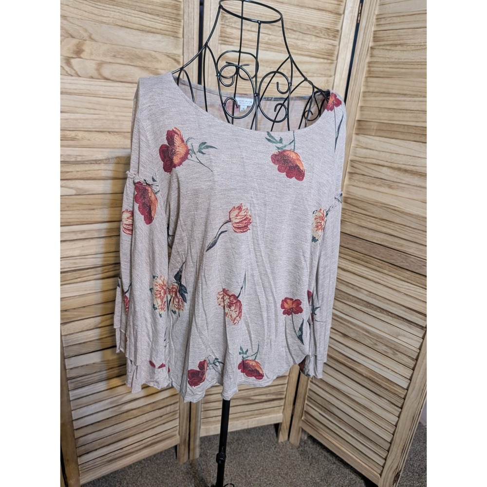 Lucky Brand Duquet Floral Top Gold Shimmer Bell Layered Sleeves Size Medium